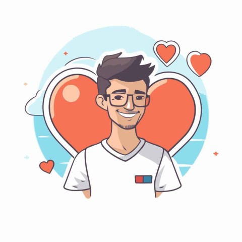 Young man with heart shaped balloons. Vector illustration in car