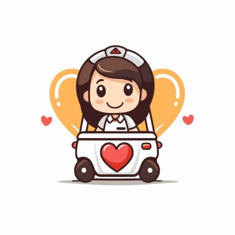 Cute nurse driving a car with heart shape. Vector illustration.