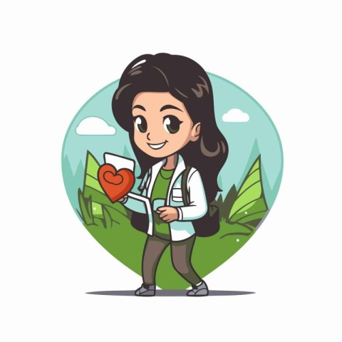 Cute girl holding heart in hand. Vector illustration in cartoon