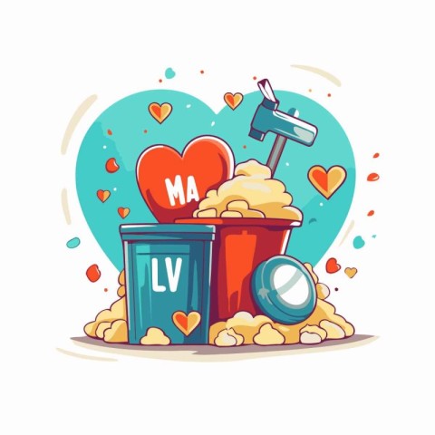 Vector cartoon illustration of trash can with heart and hammer.