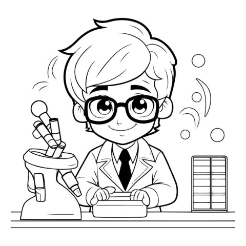 Black and White Cartoon Illustration of Kid Boy Scientist Charac