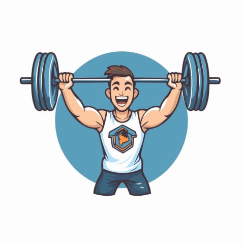 Fitness man lifting barbell. Vector illustration in cartoon styl