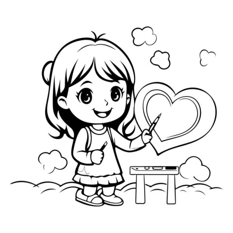 Cute little girl holding a heart. Vector illustration for colori