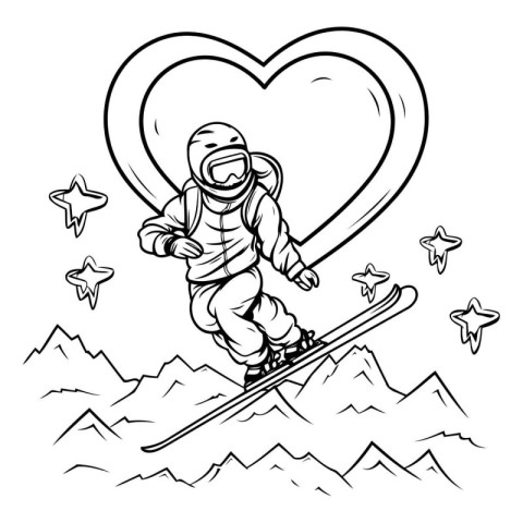 Skiing man with heart in the sky. Vector illustration.