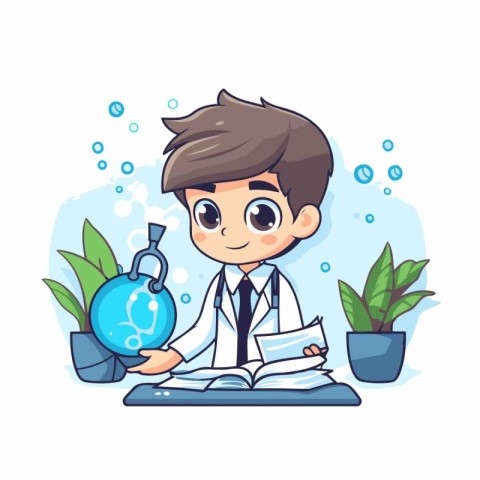 Cartoon little boy in a lab coat and with a book. Vector illustr