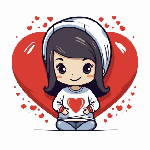 Cute cartoon girl sitting on a big red heart. Vector illustratio