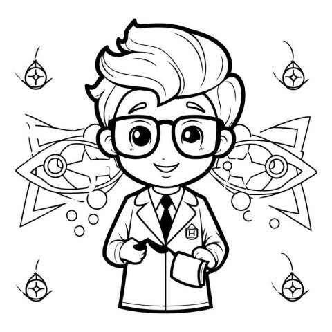 Black and White Cartoon Illustration of Kid Boy Scientist or Pro