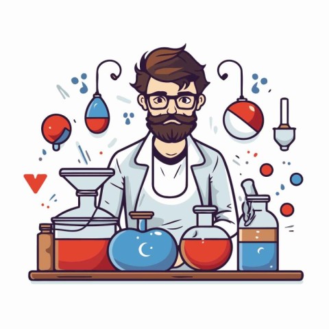 Scientist in chemical laboratory. Vector illustration in flat ca