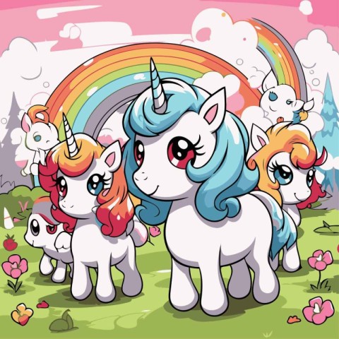 Cute cartoon unicorns on the background of the rainbow. Vector i