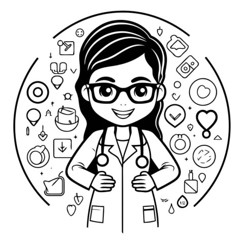 cute doctor woman with stethoscope and icons vector illustration