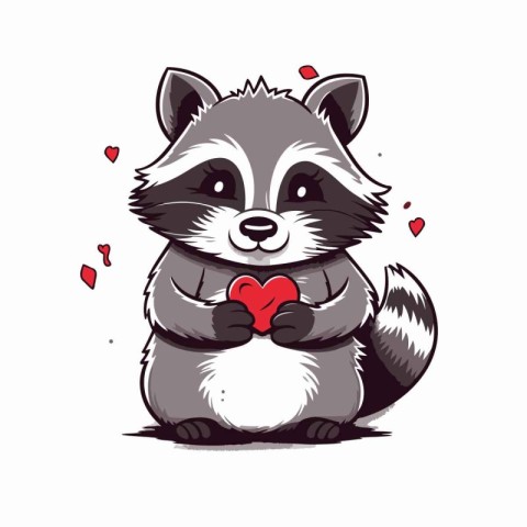 Cute raccoon in love with red heart. Vector illustration.