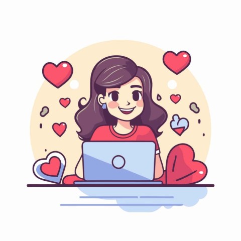 Cute cartoon girl with laptop and hearts around. Vector illustra