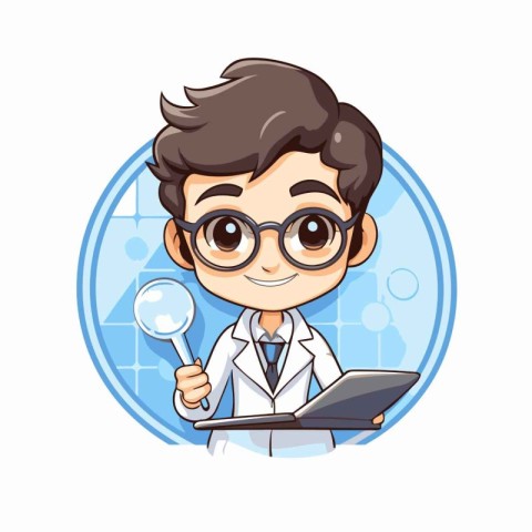 Boy scientist with magnifying glass and lab coat cartoon vector