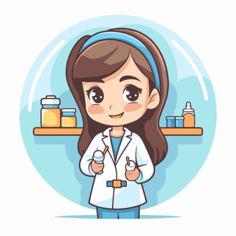 Cute little girl in lab coat holding syringe. Vector illustratio