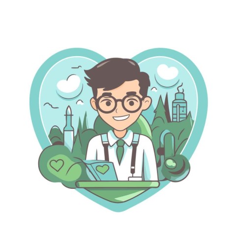 Vector illustration of a doctor with a tablet in his hands and a