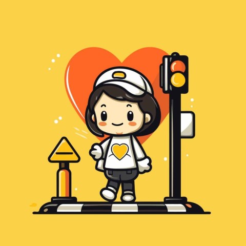 Cute Little Girl Carrying a Traffic Light. Vector Illustration