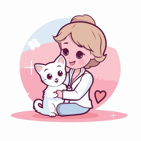 Veterinarian girl with cat. Vector illustration in cartoon style