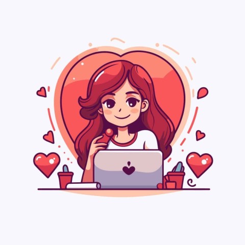 Valentine's day vector illustration. Cute cartoon girl with lapt