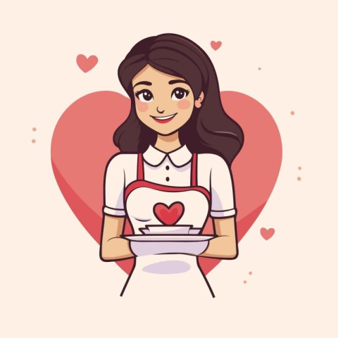 Cute woman in apron holding tray of food. Vector illustration.