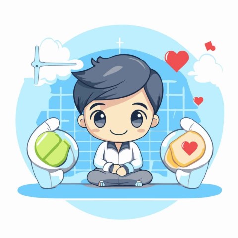 Cute little boy sitting in the lotus position. cartoon vector il