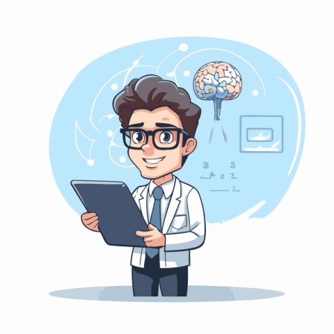 Scientist with tablet and brain. Vector illustration in cartoon