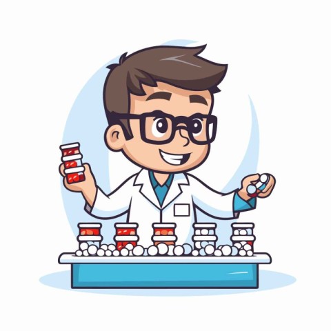 Scientist boy working in chemical laboratory. Vector cartoon cha