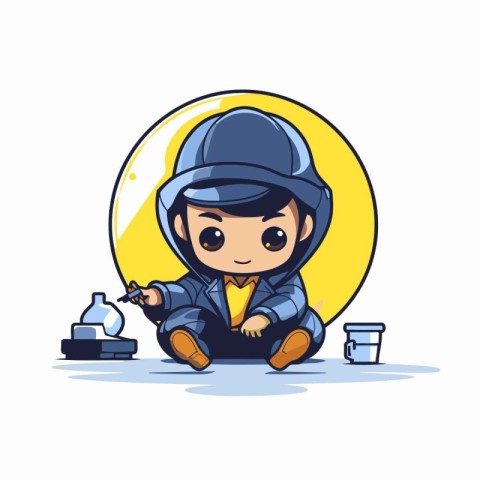 Illustration of a Cute Little Boy Holding a Microscope and Drink