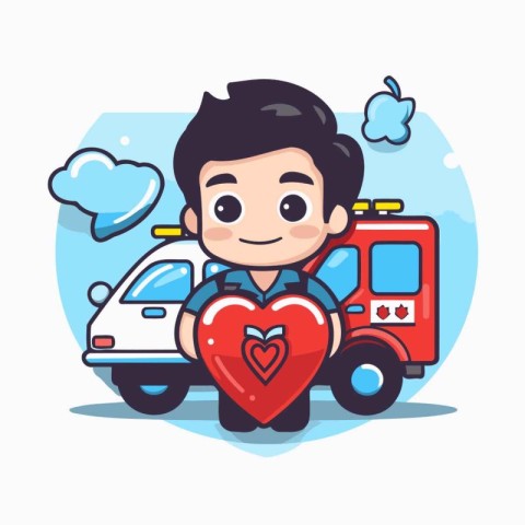 Cute boy with heart and ambulance. Vector illustration in cartoo