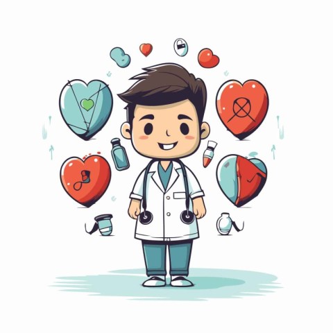 Cartoon doctor with stethoscope and heart icon. Vector illustrat