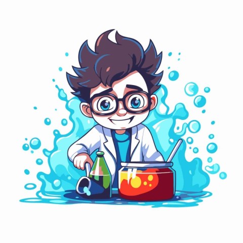 Scientist boy cartoon character with chemical flask and test tub