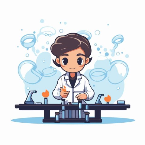 Cute boy scientist in lab coat making experiment. Vector illustr