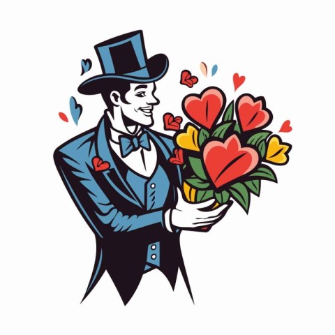 Vector illustration of a man in a top hat with a bouquet of flow