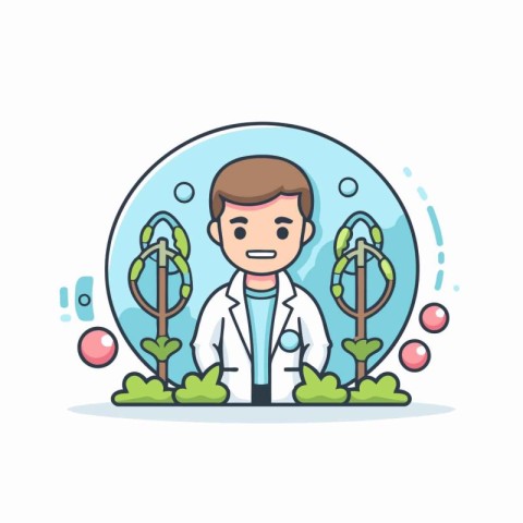 Scientist with tree and bubbles. Vector illustration in cartoon