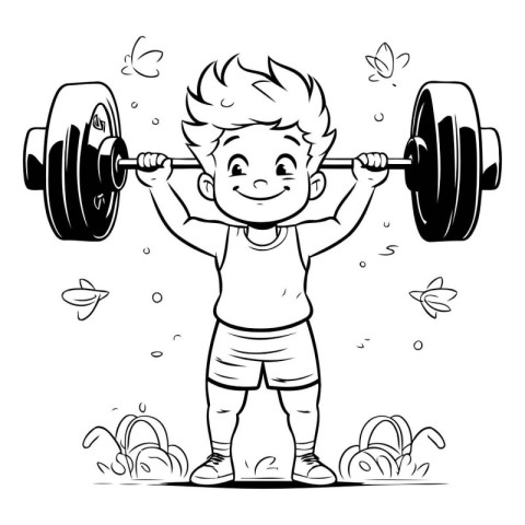 Cartoon little boy lifting a barbell. Black and white vector ill