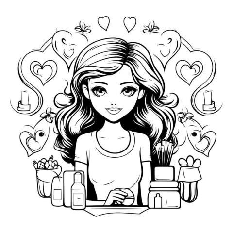 Black and white illustration of a girl using a laptop. surrounde