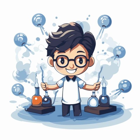 Cartoon boy playing with a magic elixir. Vector illustration.