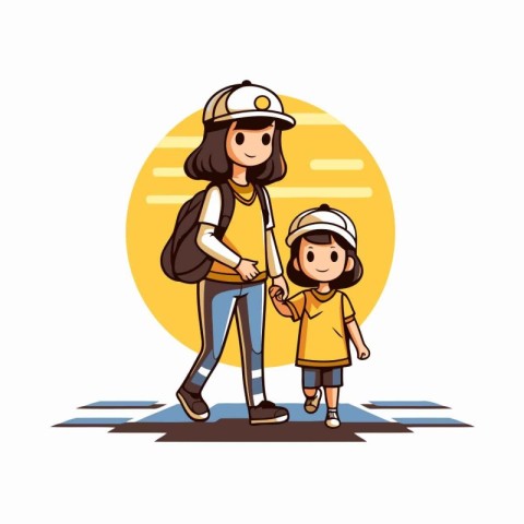 firefighter woman with child cartoon vector illustration graphic