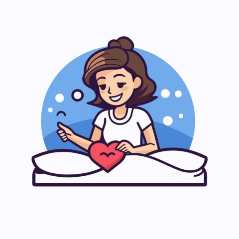 Woman lying in bed with a red heart in her hands. Vector illustr