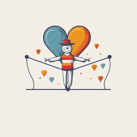 Illustration of a man with heart shaped balloons. Vector illustr