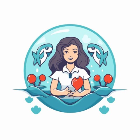 Beautiful girl with a heart and a fish in the water. Vector illu