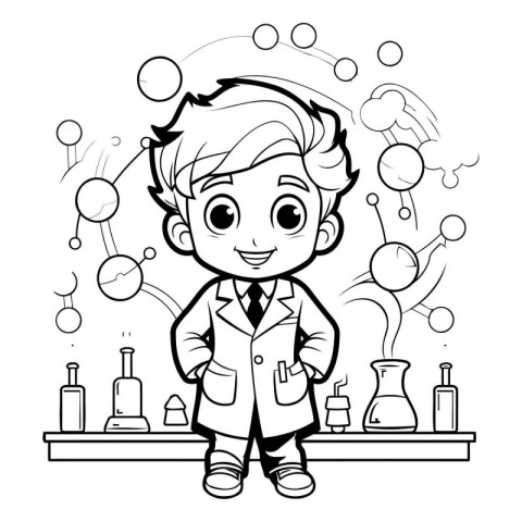 Black and White Cartoon Illustration of Boy Scientist or Chemist