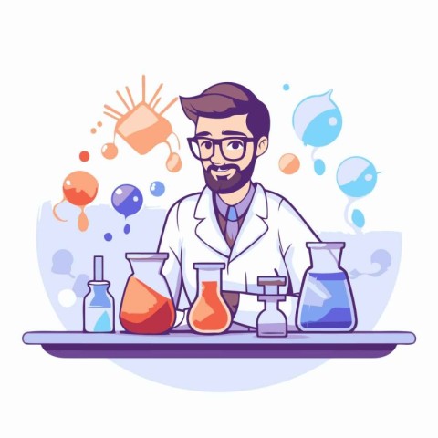 Scientist in lab coat and glasses working in chemical laboratory