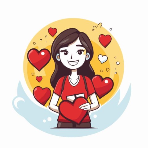 Cute girl holding a red heart. Vector illustration in cartoon st