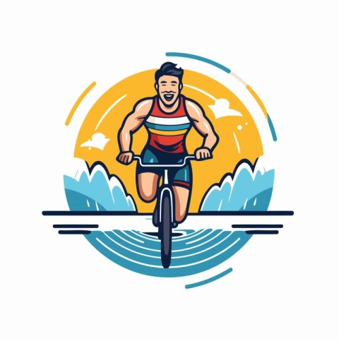 Cyclist riding a bike on the waves. Vector illustration.