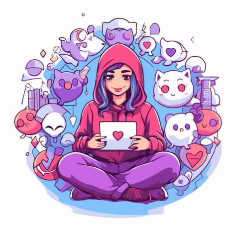 Girl with tablet computer. Vector illustration in doodle style.