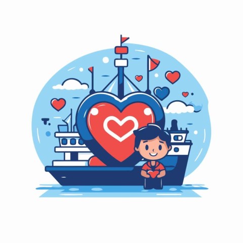 Cute little boy and ship with heart. Vector illustration in flat