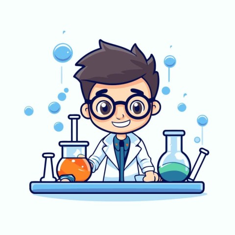 Scientist boy cartoon character in lab coat and glasses. Vector