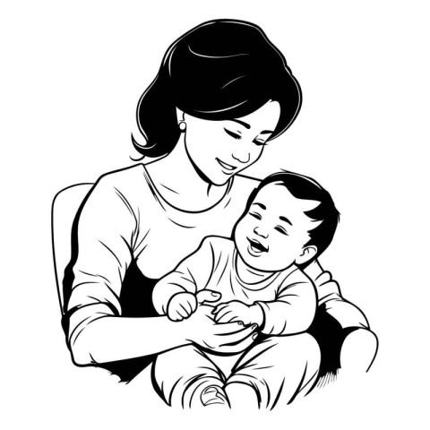 Mother with her baby. black and white vector illustration isolat