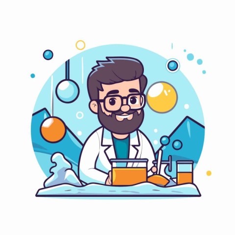 Vector illustration of a scientist working in the laboratory. Fl