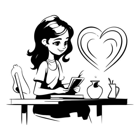 Young woman sitting at the table and reading a book. vector illu